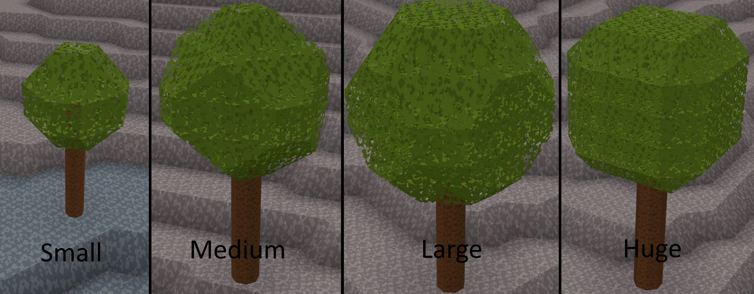 Leaf ball sizes. Small is 3x3x3, the others 5x5x5